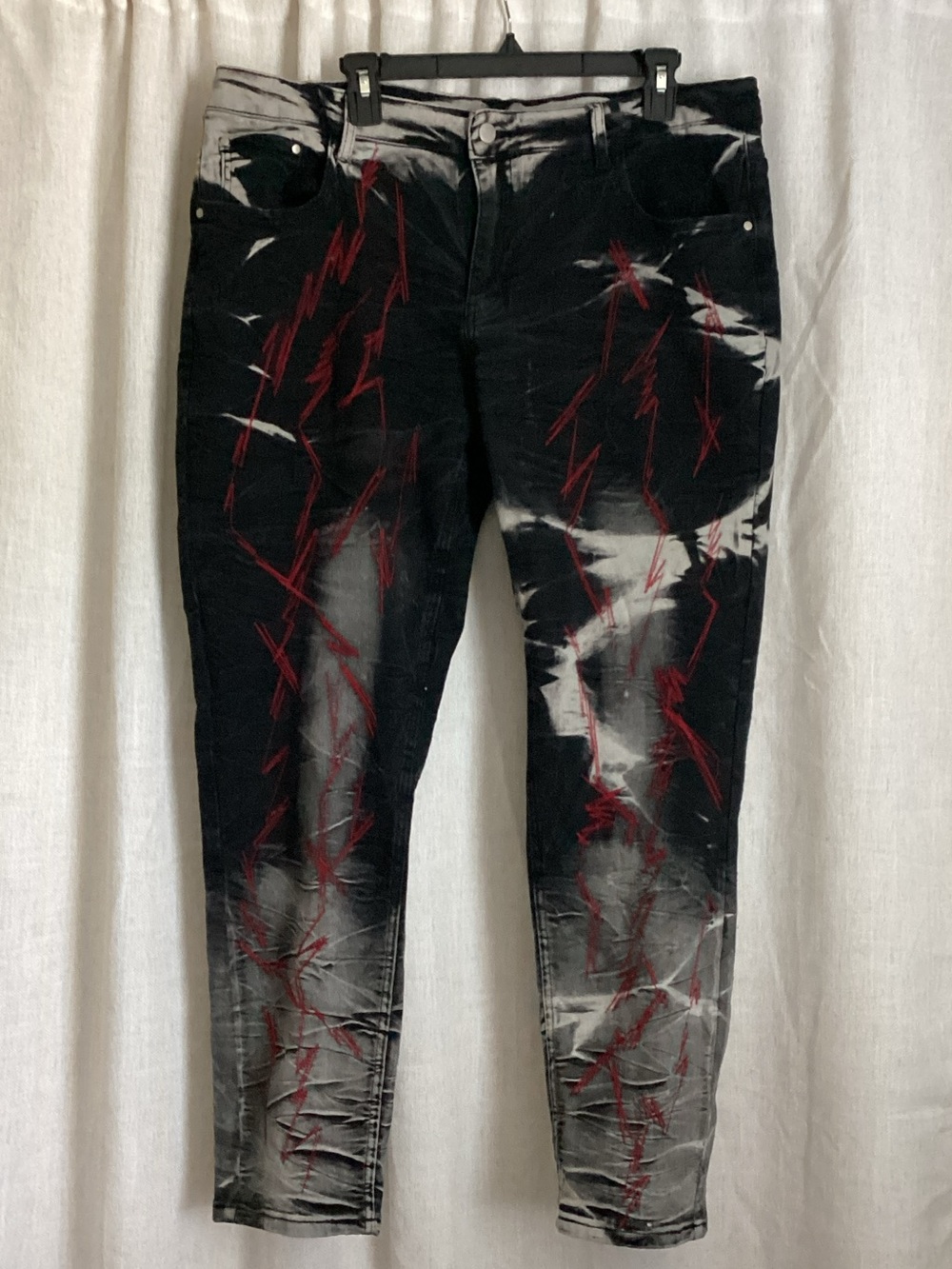 Black Bleached Jeans with Red Zigzag Stitching – Custom Distressed Design 40